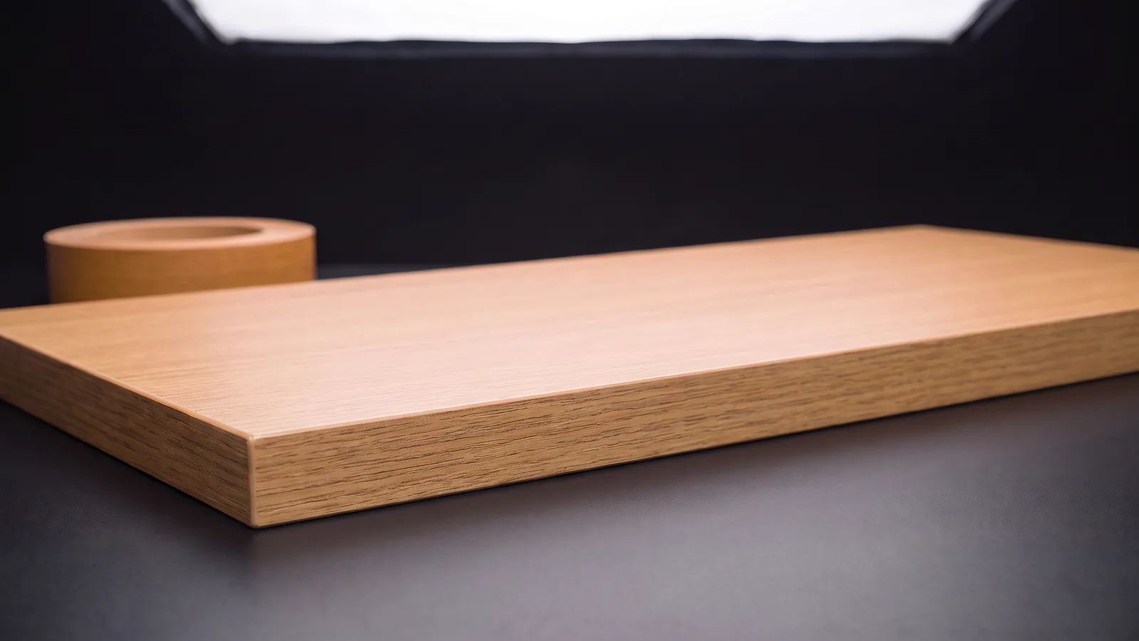The same board with its edge finished in wood-grain PVC edge band.