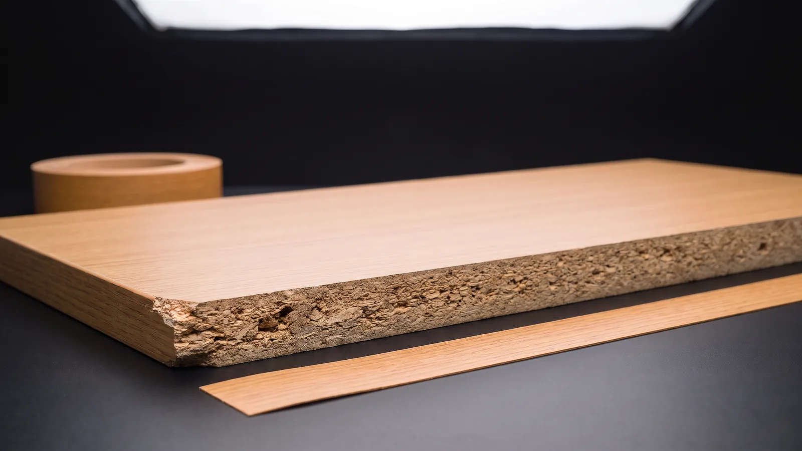 Board with a raw, chipped particle-board edge.