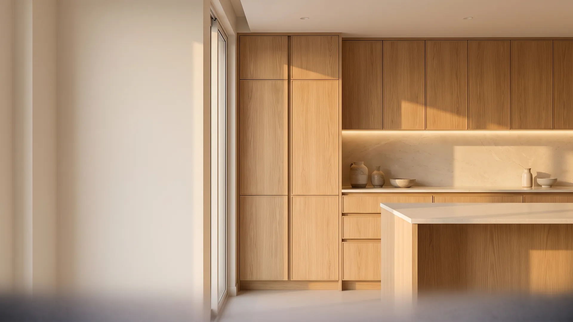 A modern oak kitchen whose cabinet doors are finished with matching wood-grain edge band.